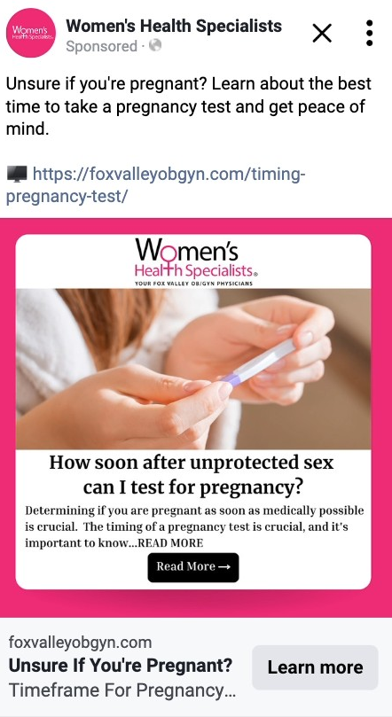 Women's Health Specialists FB Ad