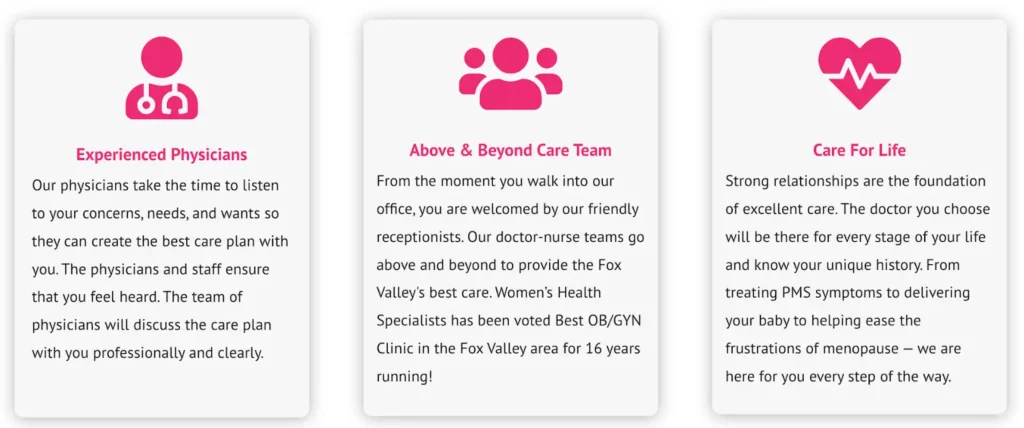A screen shot of a website section, 3 cards featuring the UVPs: Experienced physicians, Above & Beyond Care Team, Care for Life