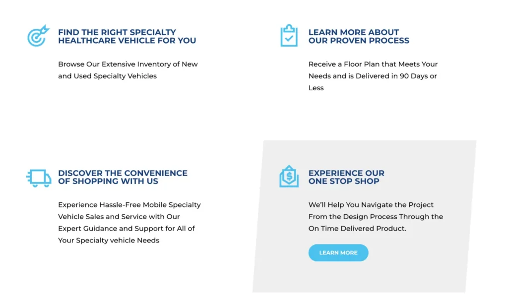 A screen shot of a website section, 4 cards featuring the UVPs: Find the right specialty healthcare for you, Learn more about our proven process, discover the convenience of shopping with us, experience our one stop shop