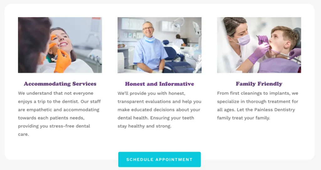 A screen shot of a website section, 3 cards featuring the UVPs: Accommodating Services, Honest and Informative, Family Friendly